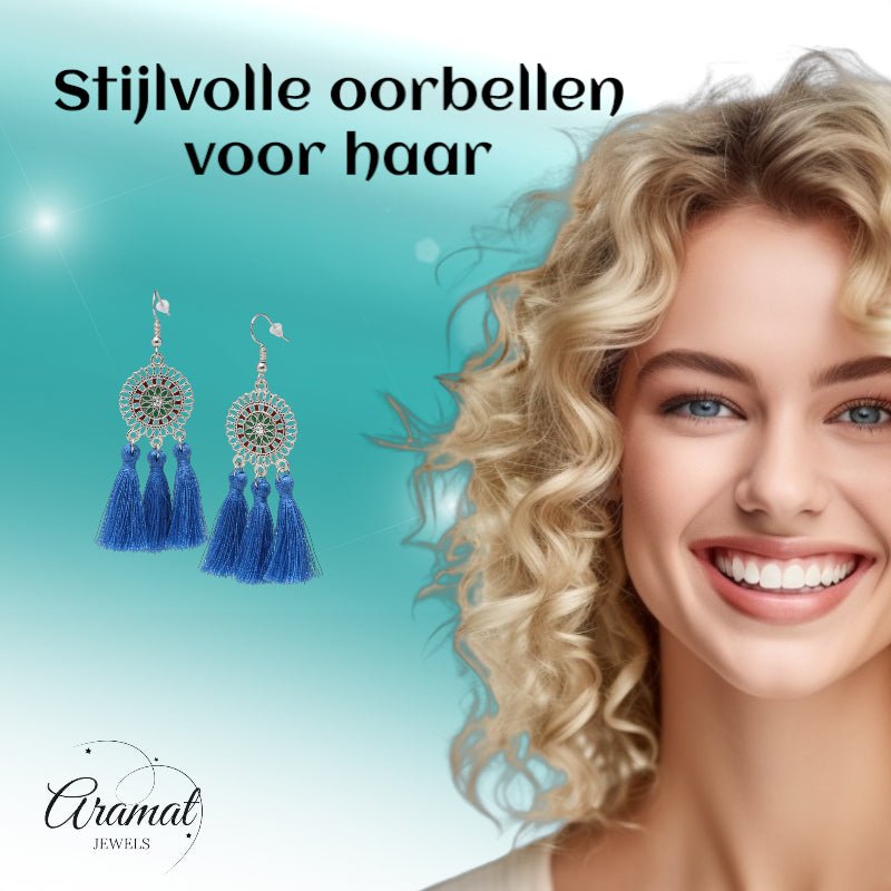 Zomerse Boho Oorhangers Kwastjes Blauw 75mm -