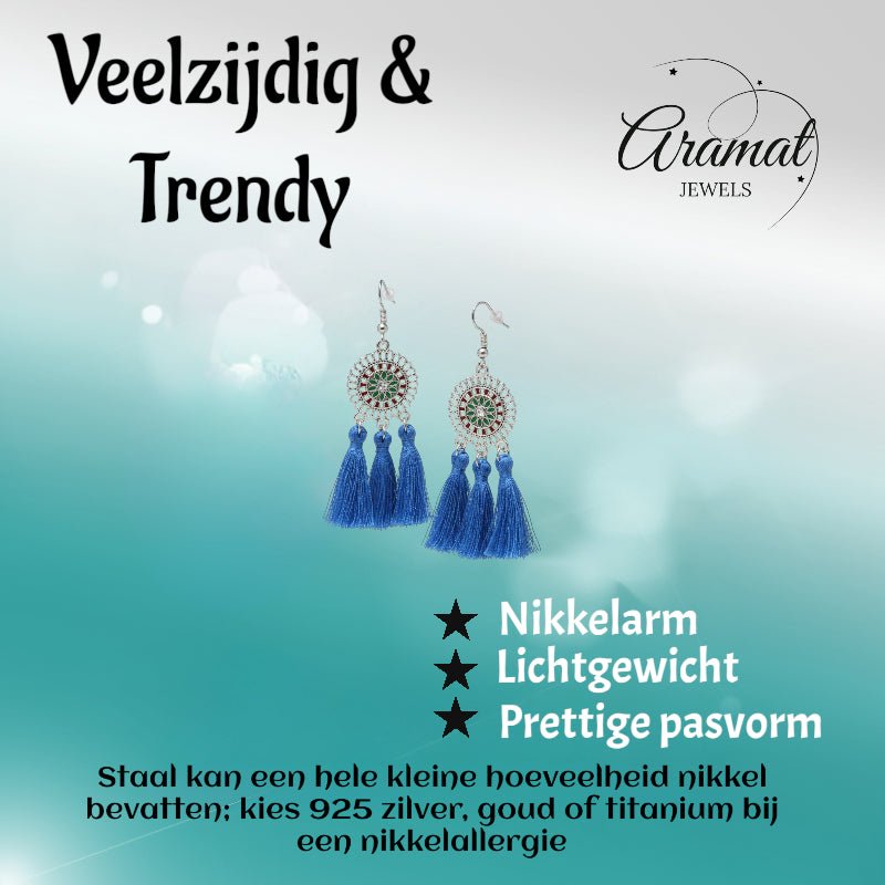 Zomerse Boho Oorhangers Kwastjes Blauw 75mm -
