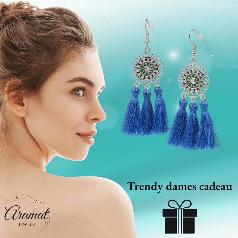 Zomerse Boho Oorhangers Kwastjes Blauw 75mm -