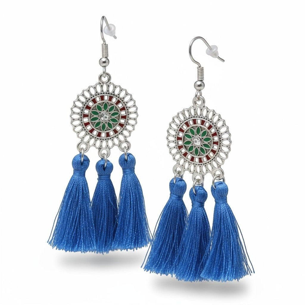 Zomerse Boho Oorhangers Kwastjes Blauw 75mm -