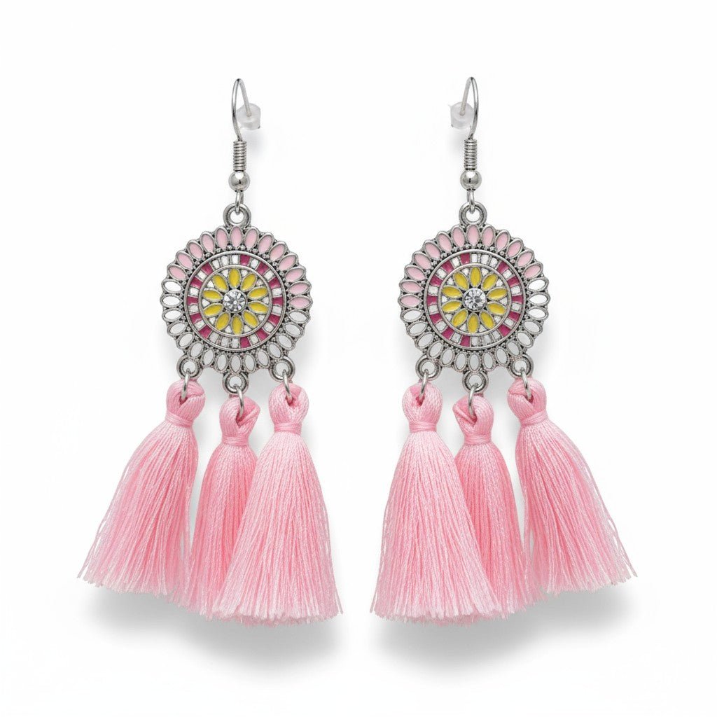 Zomerse Boho Oorhangers Kwastjes Roze 75mm -