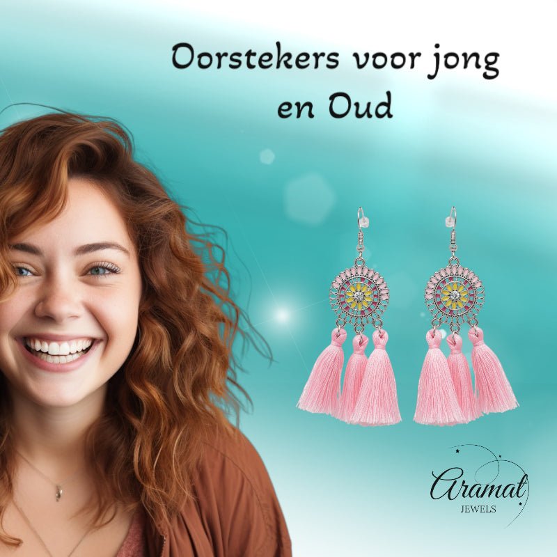 Zomerse Boho Oorhangers Kwastjes Roze 75mm -
