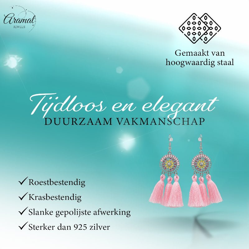 Zomerse Boho Oorhangers Kwastjes Roze 75mm -