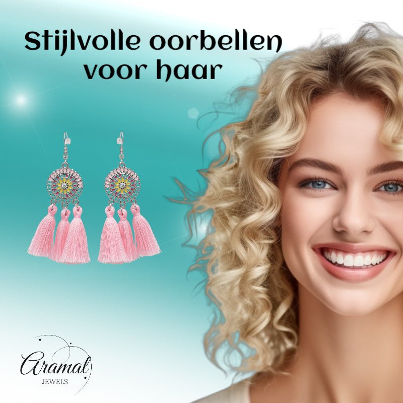 Zomerse Boho Oorhangers Kwastjes Roze 75mm -