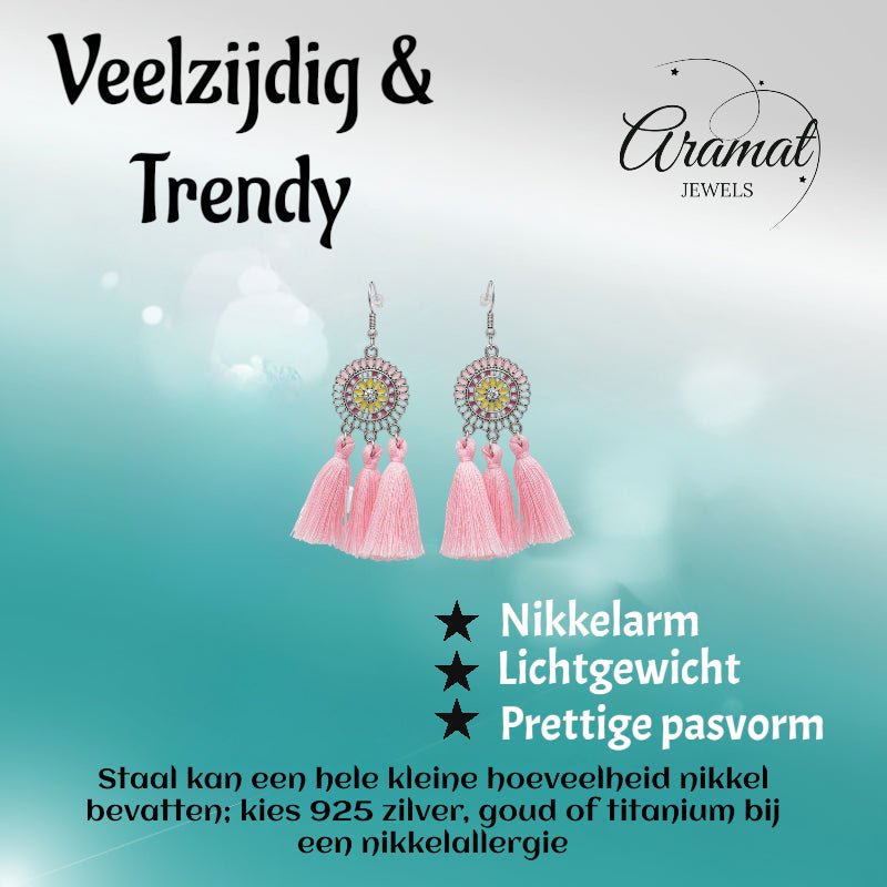 Zomerse Boho Oorhangers Kwastjes Roze 75mm -