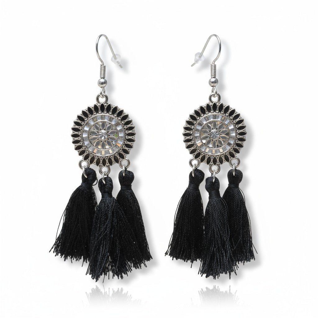 Zomerse Boho Oorhangers Kwastjes Zwart 75mm -