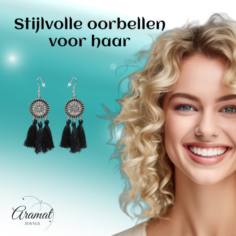 Zomerse Boho Oorhangers Kwastjes Zwart 75mm -