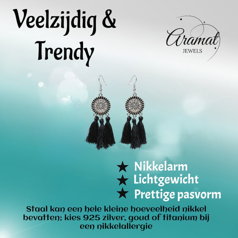 Zomerse Boho Oorhangers Kwastjes Zwart 75mm -