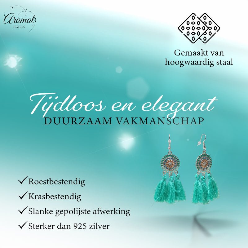 Zomerse Boho Oorhangers Kwastjes Mint 75mm -