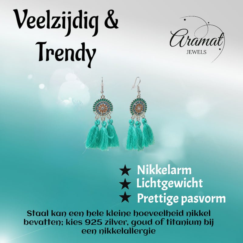 Zomerse Boho Oorhangers Kwastjes Mint 75mm -