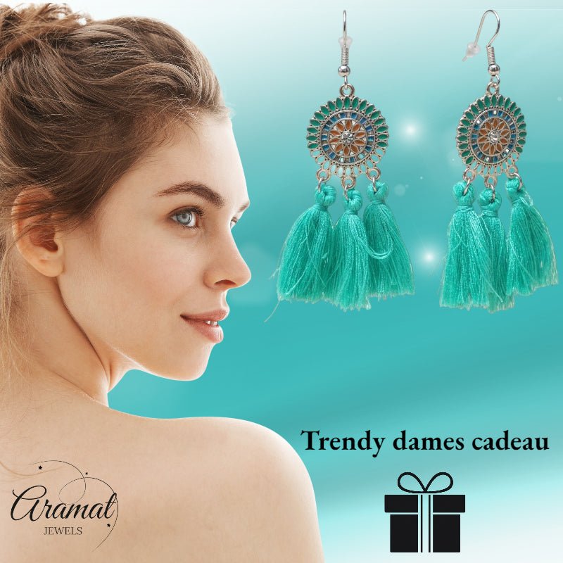 Zomerse Boho Oorhangers Kwastjes Mint 75mm -