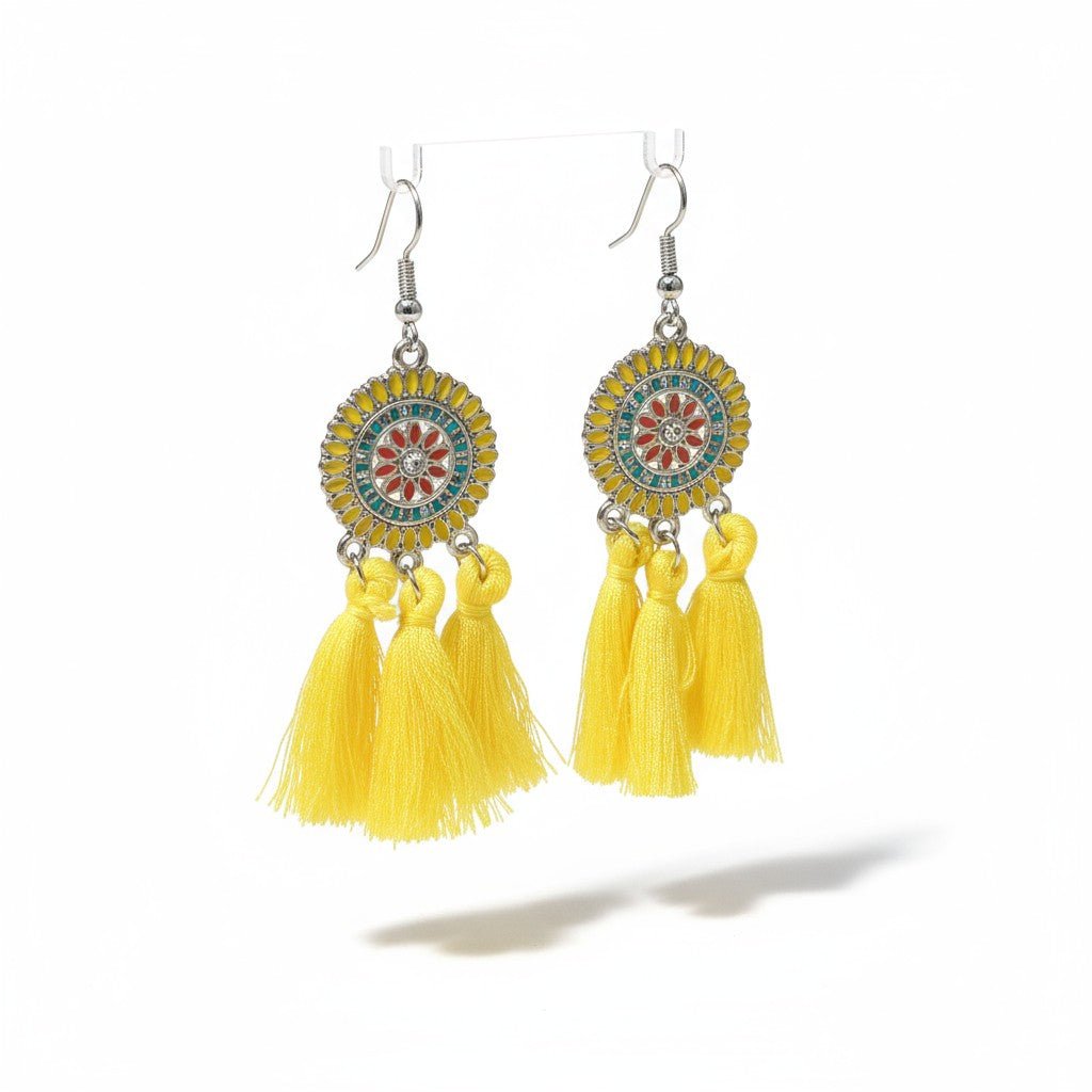 Zomerse Boho Oorhangers Kwastjes Geel 75mm -