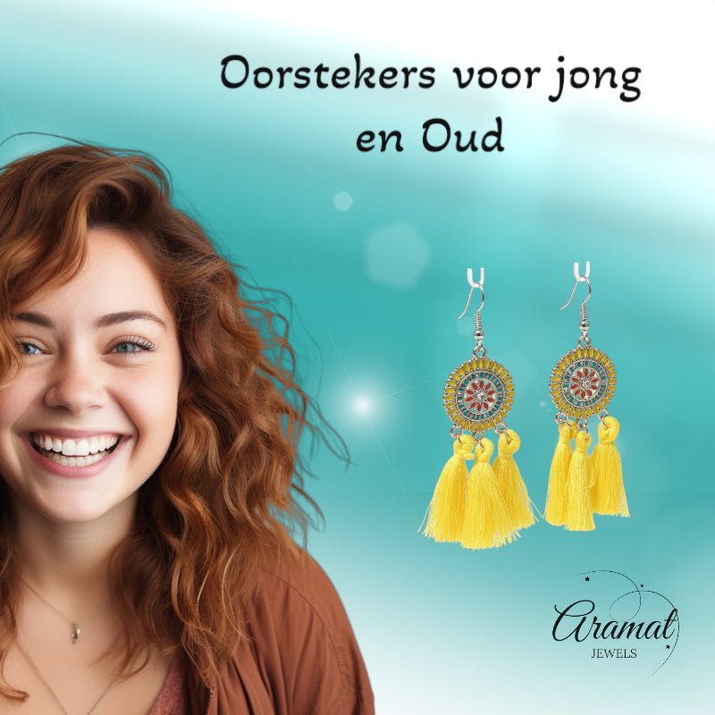 Zomerse Boho Oorhangers Kwastjes Geel 75mm -