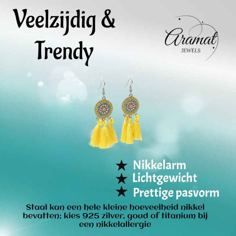 Zomerse Boho Oorhangers Kwastjes Geel 75mm -