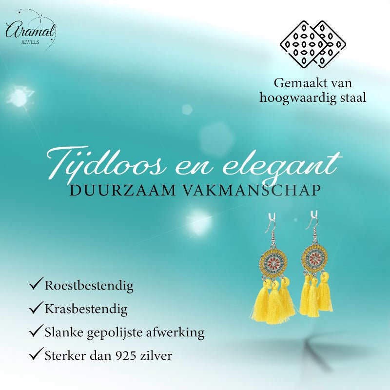 Zomerse Boho Oorhangers Kwastjes Geel 75mm -