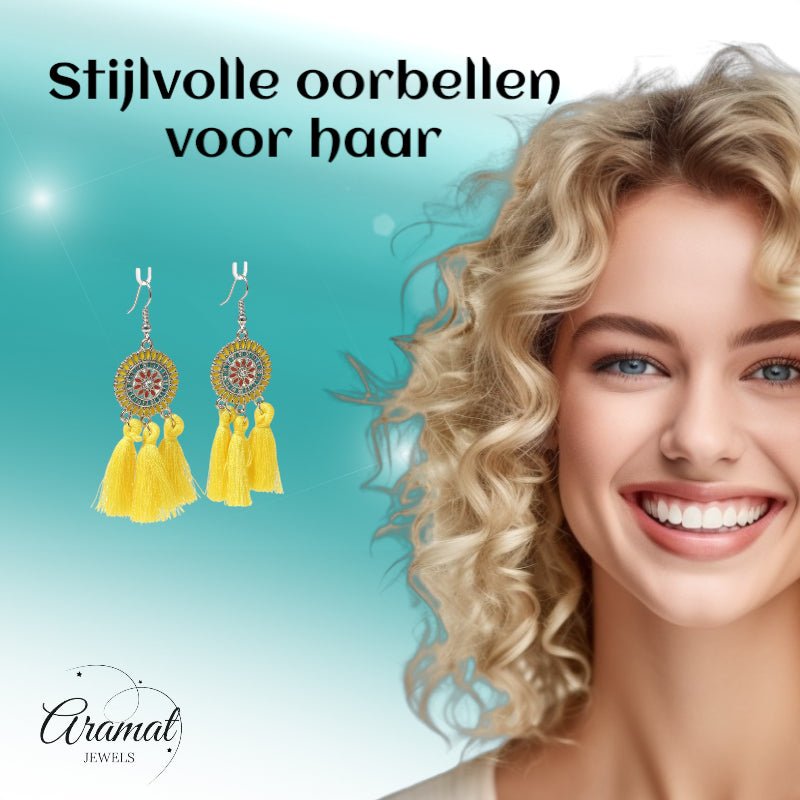 Zomerse Boho Oorhangers Kwastjes Geel 75mm -