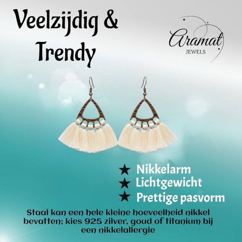 Boho Oorhangers Kwastjes Creme 55x30mm -