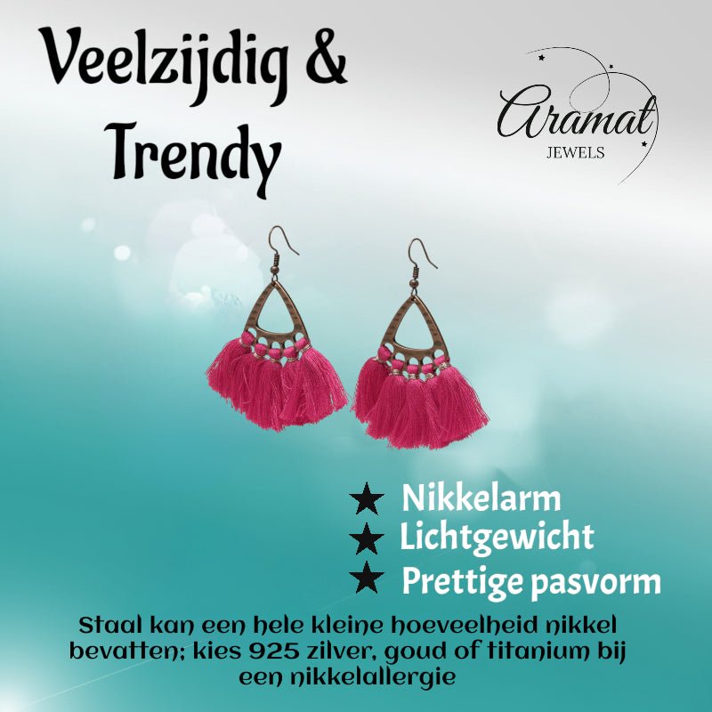 Boho Oorhangers Kwastjes Fel Roze 55x30mm -