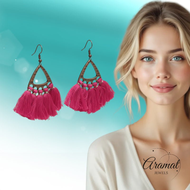 Boho Oorhangers Kwastjes Fel Roze 55x30mm -