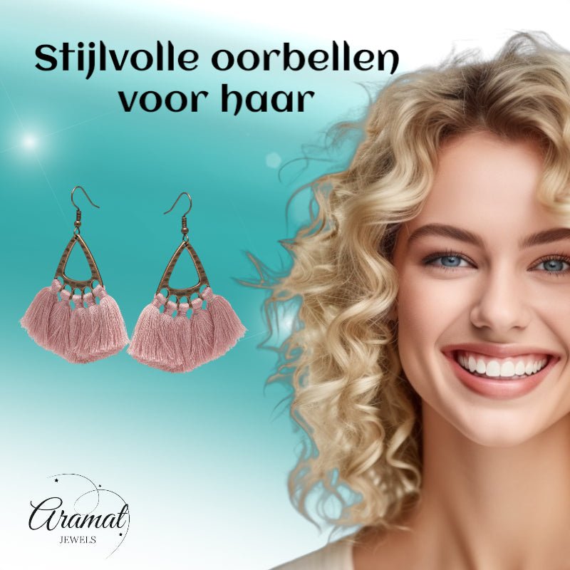 Boho Oorhangers Kwastjes Roze 55x30mm -