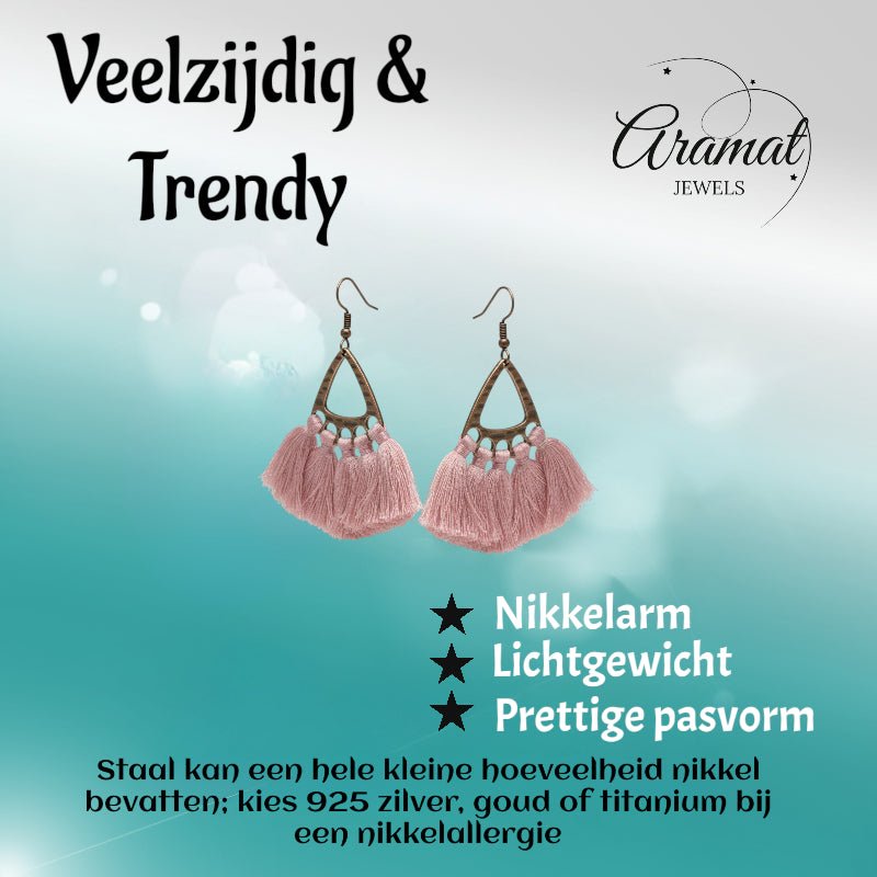 Boho Oorhangers Kwastjes Roze 55x30mm -