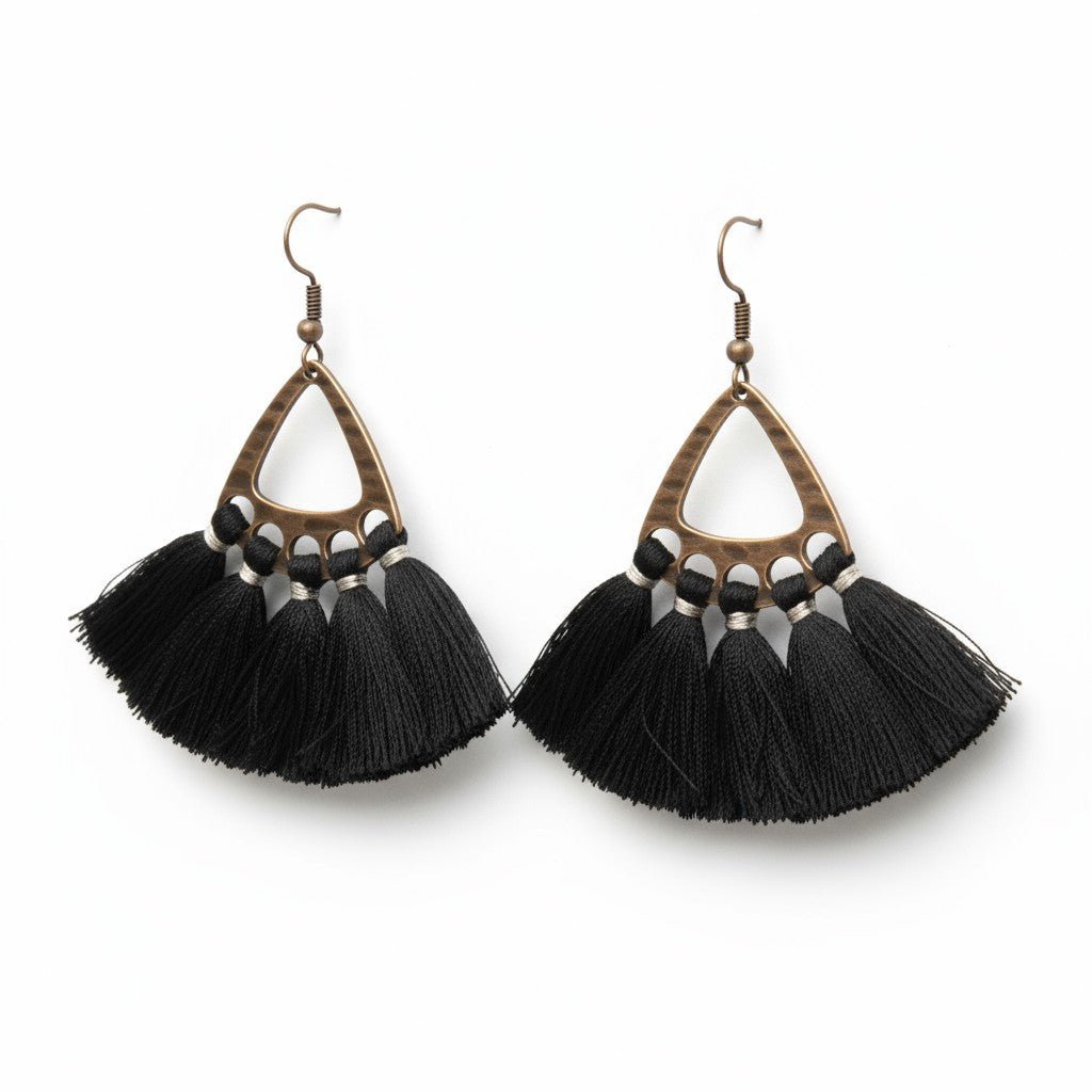 Boho Oorhangers met Kwastjes &acirc;&euro;&ldquo; Zwart 55x30mm -