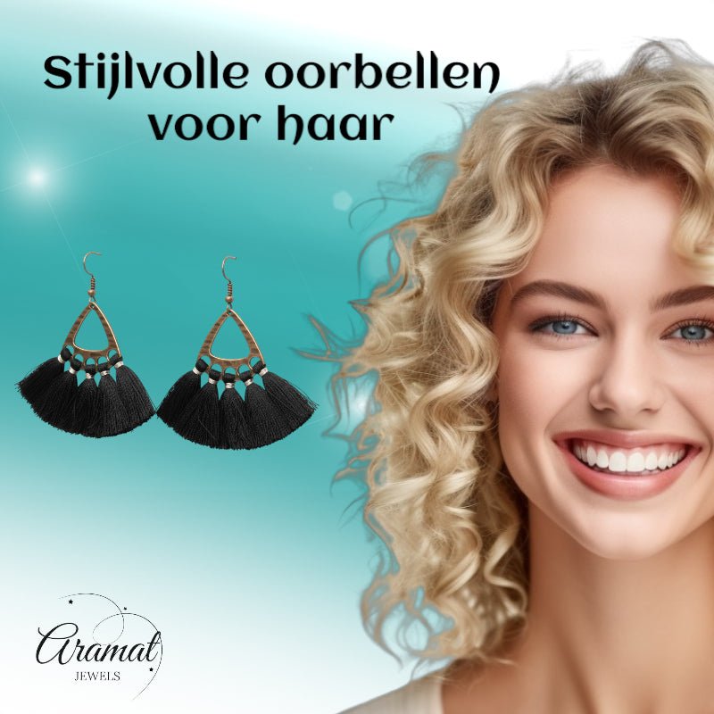 Boho Oorhangers met Kwastjes &acirc;&euro;&ldquo; Zwart 55x30mm -