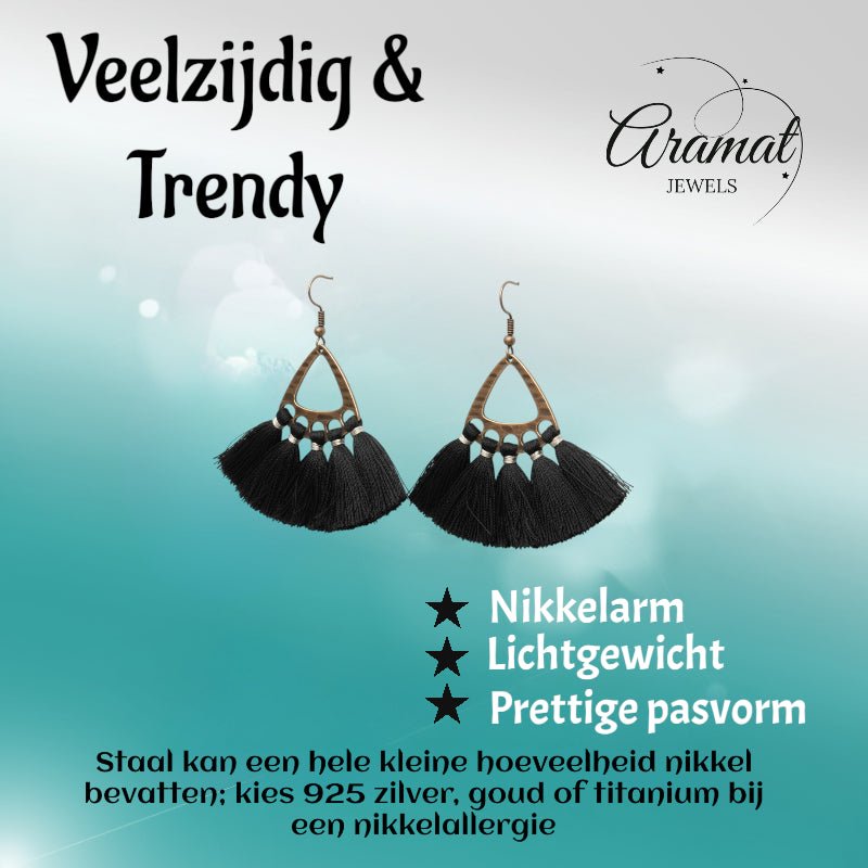 Boho Oorhangers met Kwastjes &acirc;&euro;&ldquo; Zwart 55x30mm -