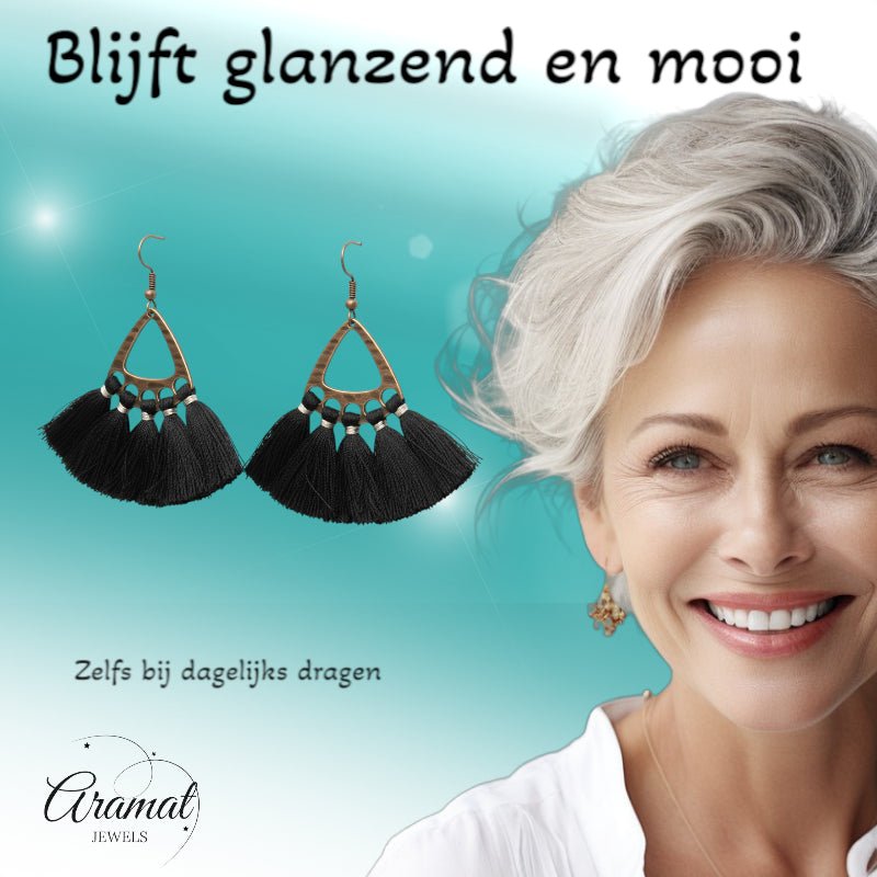 Boho Oorhangers met Kwastjes &acirc;&euro;&ldquo; Zwart 55x30mm -