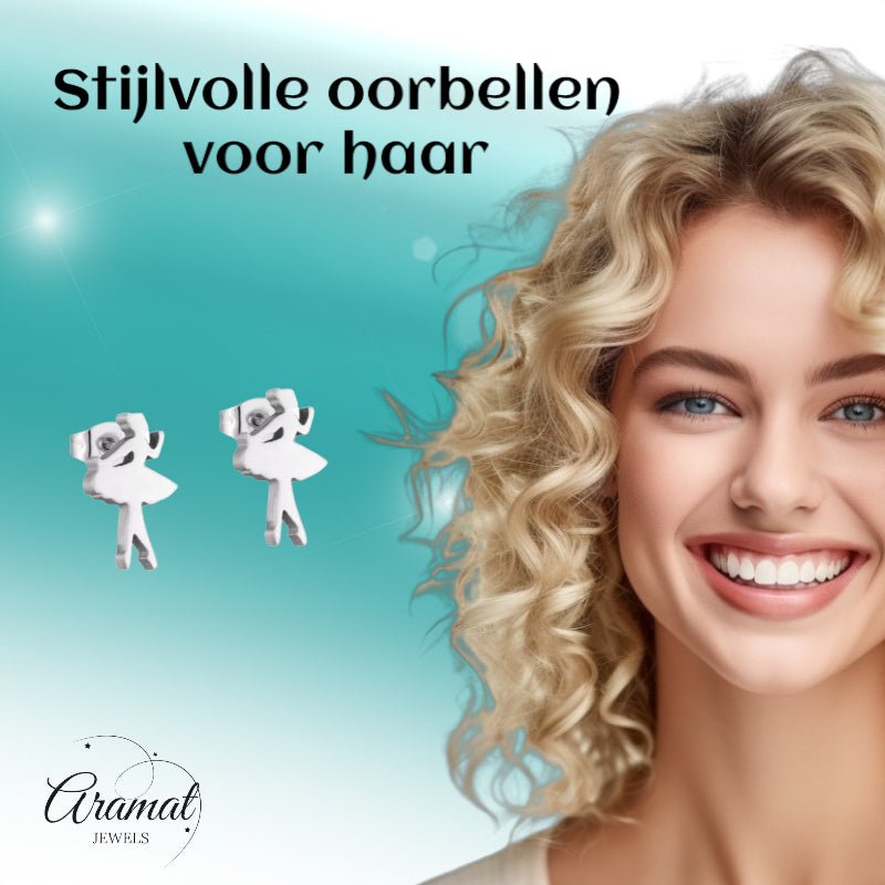Ballerina Oorstekers RVS &acirc;&euro;&ldquo; Zilverkleur 10x6mm -