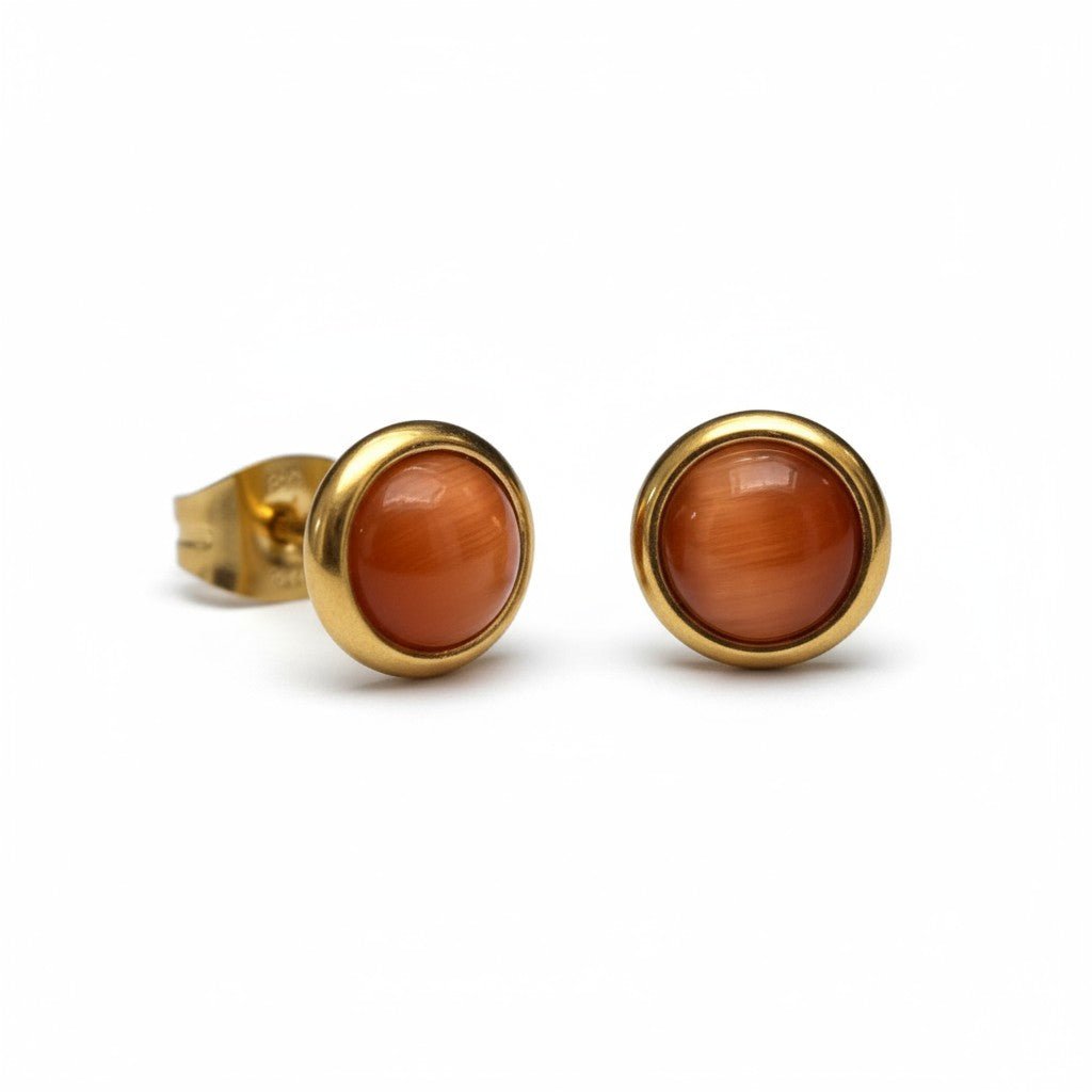 Kattenoog Oorbellen 8mm &acirc;&euro;&ldquo; Rood/Oranje Goudkleurig -