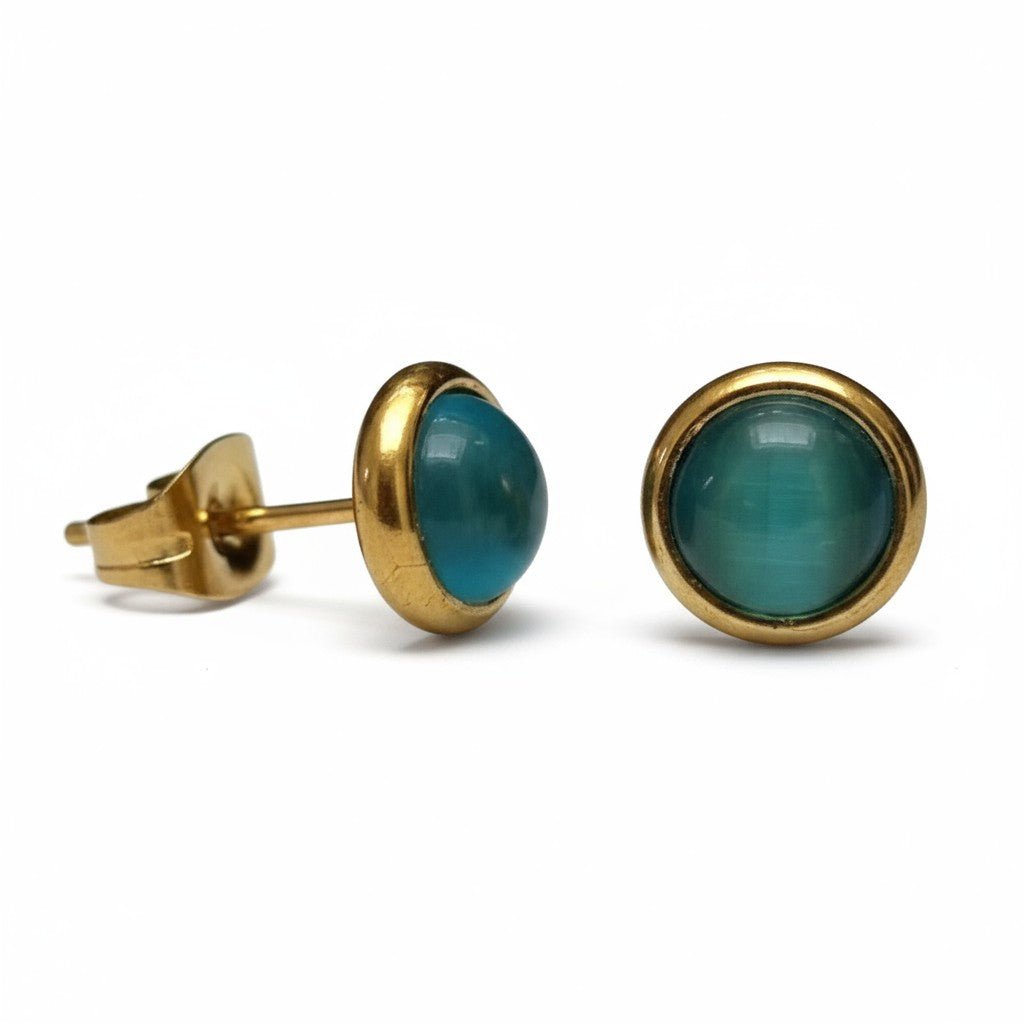 Kattenoog Oorbellen 8mm &acirc;&euro;&ldquo; Blauw/Groen Goudkleurig -