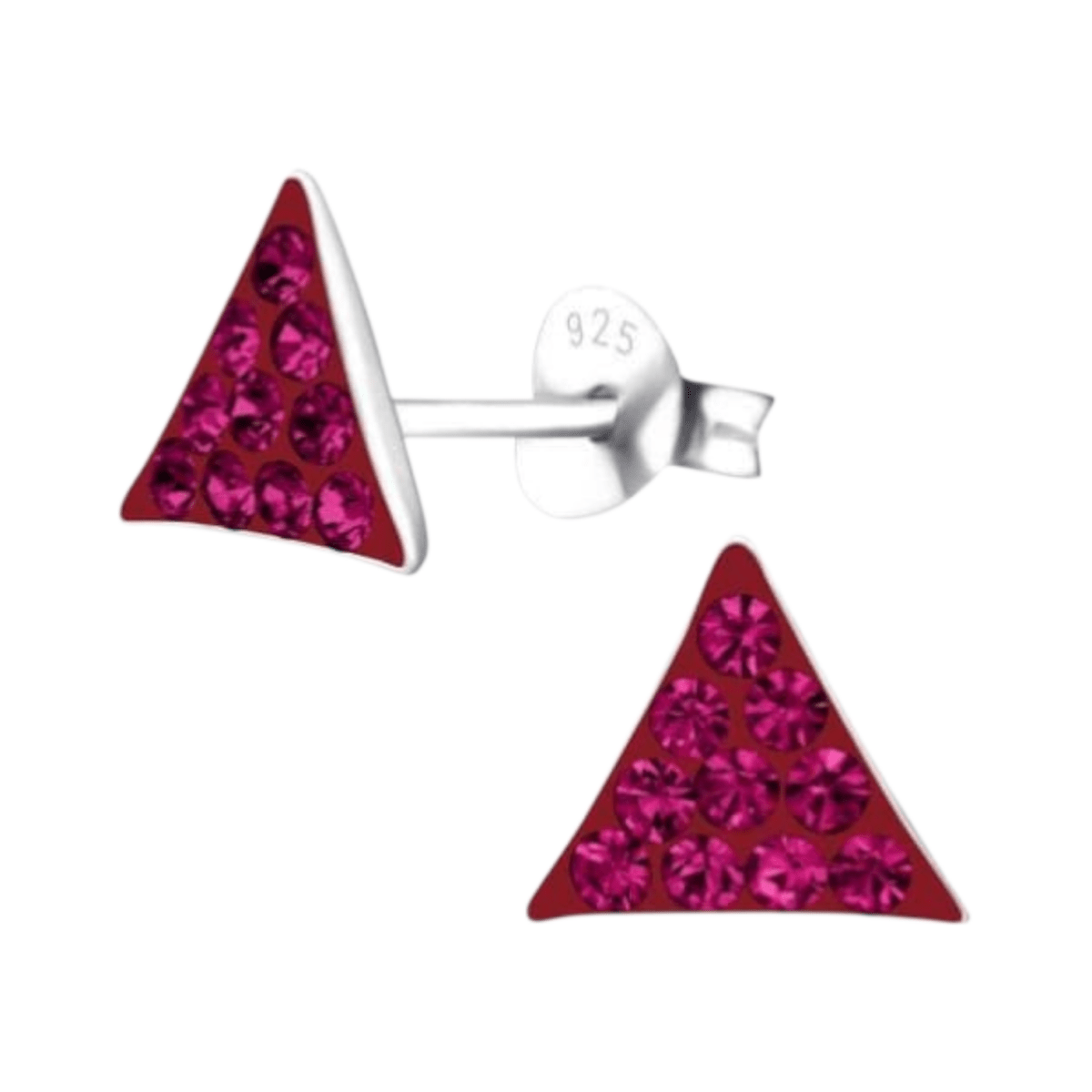 Zilveren oorstekers driehoek fuchsia roze kristal -