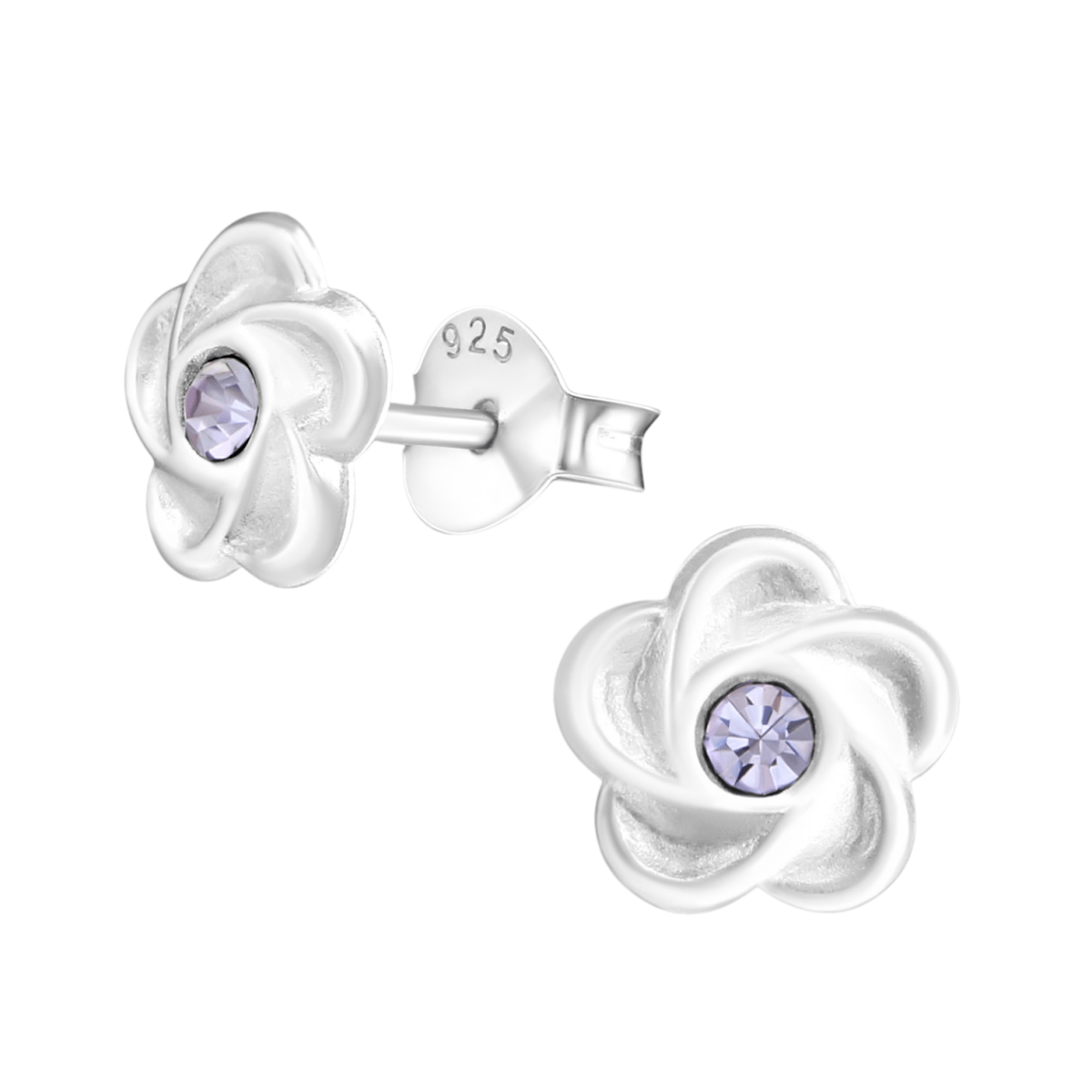 Zilveren bloem oorstekers lila kristal 7mm -