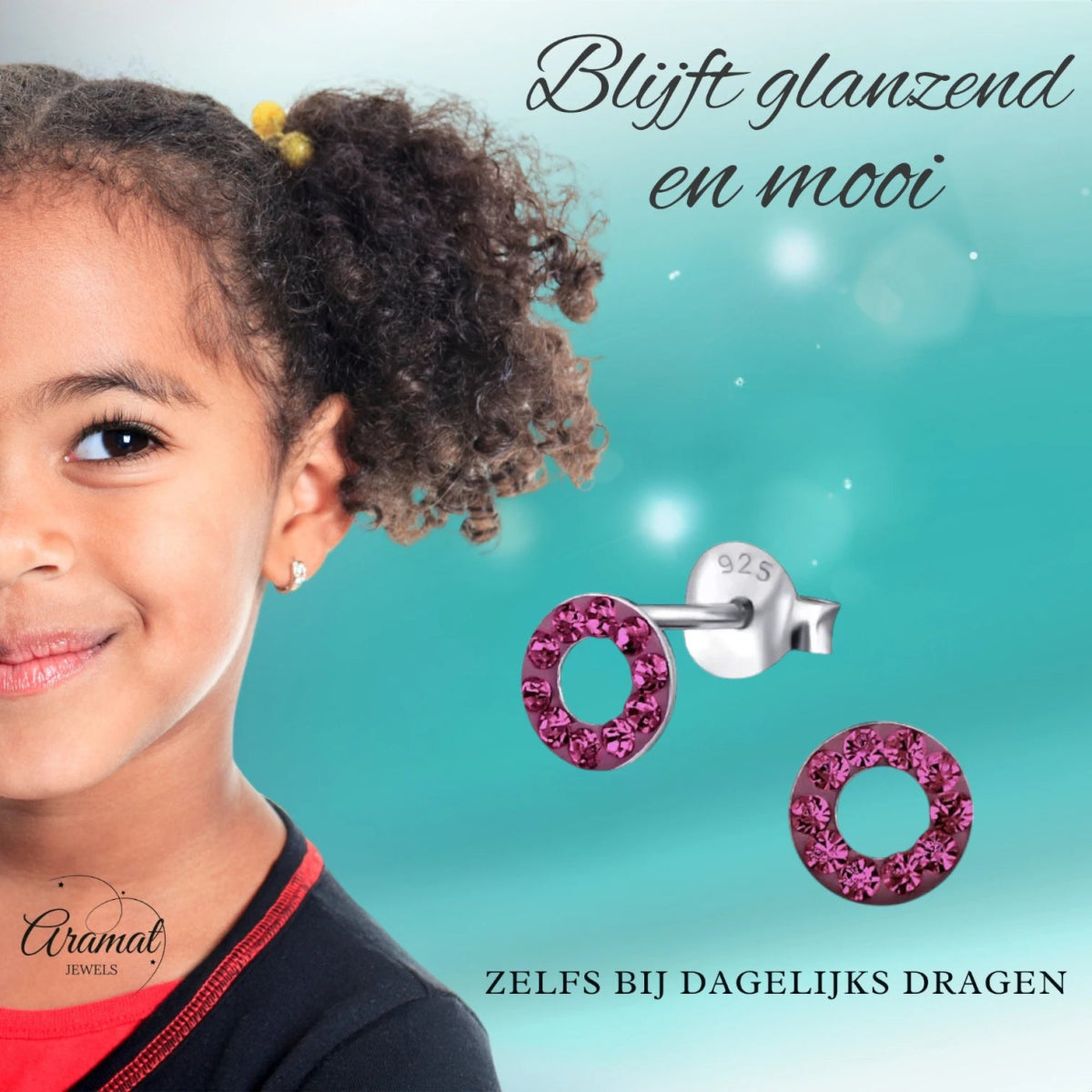 Zilveren open cirkel oorbellen felroze kristal -