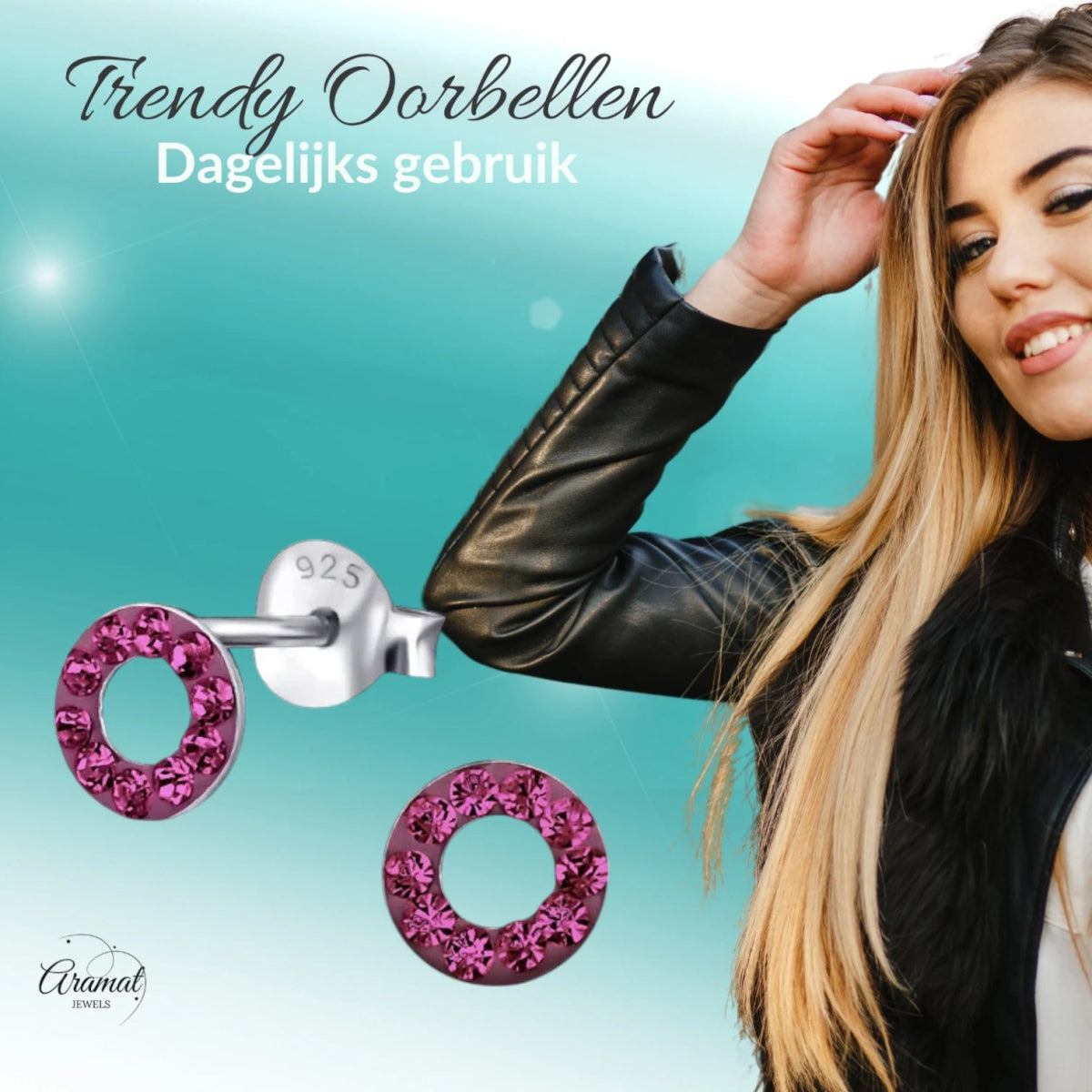 Zilveren open cirkel oorbellen felroze kristal -