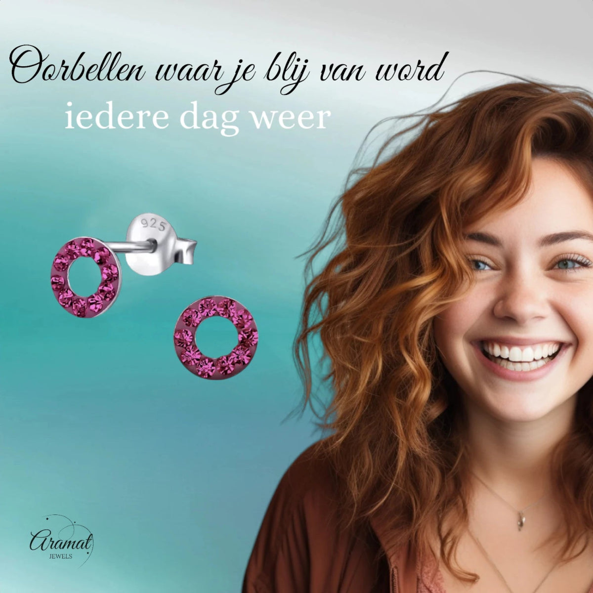 Zilveren open cirkel oorbellen felroze kristal -