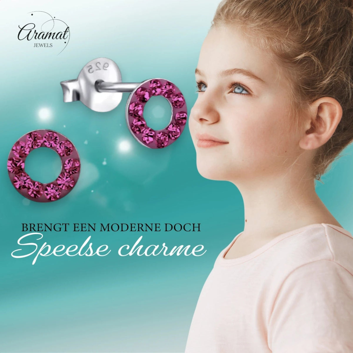 Zilveren open cirkel oorbellen felroze kristal -