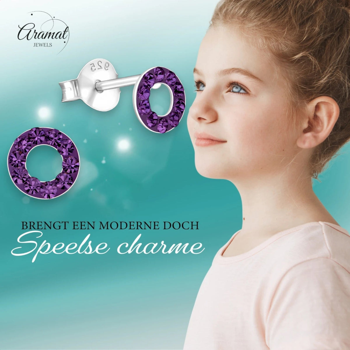 Open cirkel oorbellen paars kristal 925 zilver -