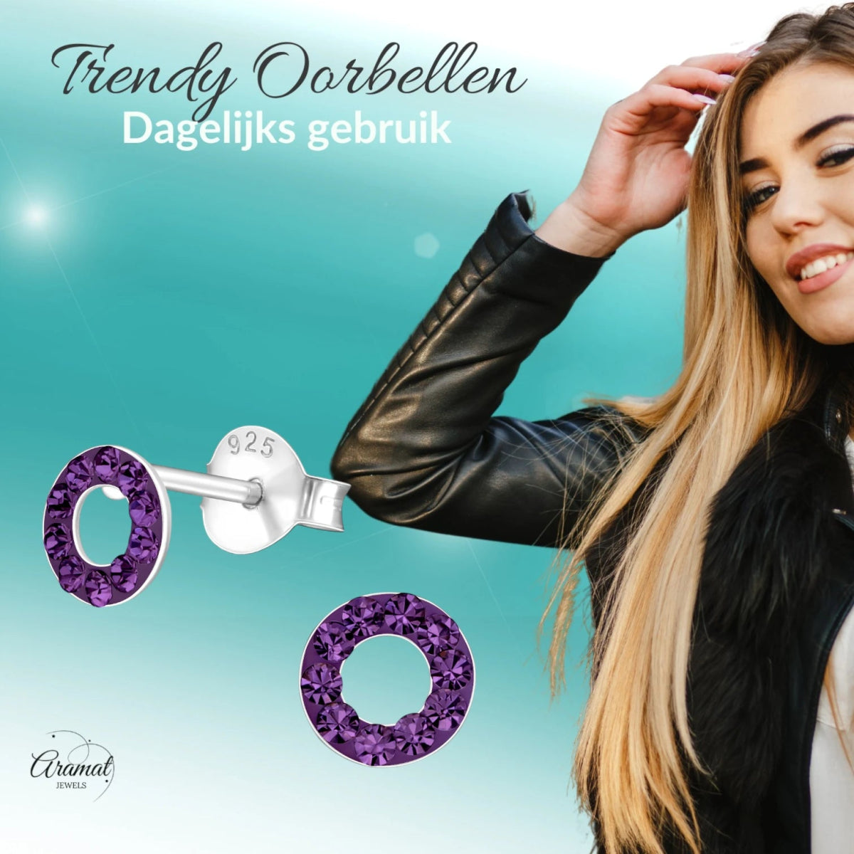 Open cirkel oorbellen paars kristal 925 zilver -