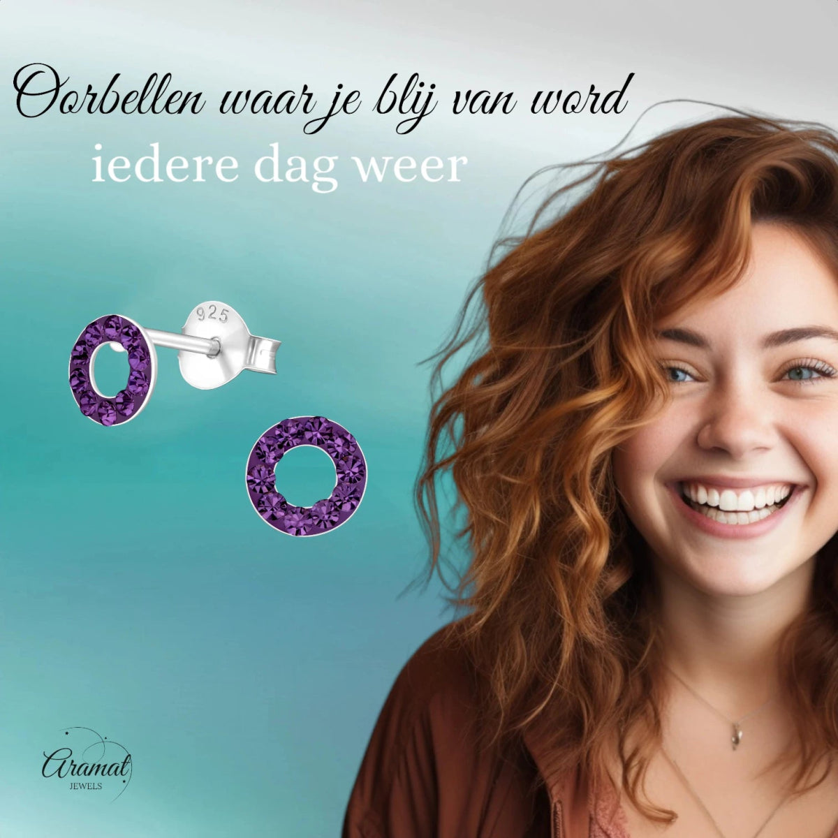 Open cirkel oorbellen paars kristal 925 zilver -