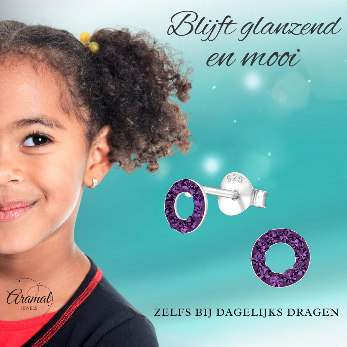 Open cirkel oorbellen paars kristal 925 zilver -