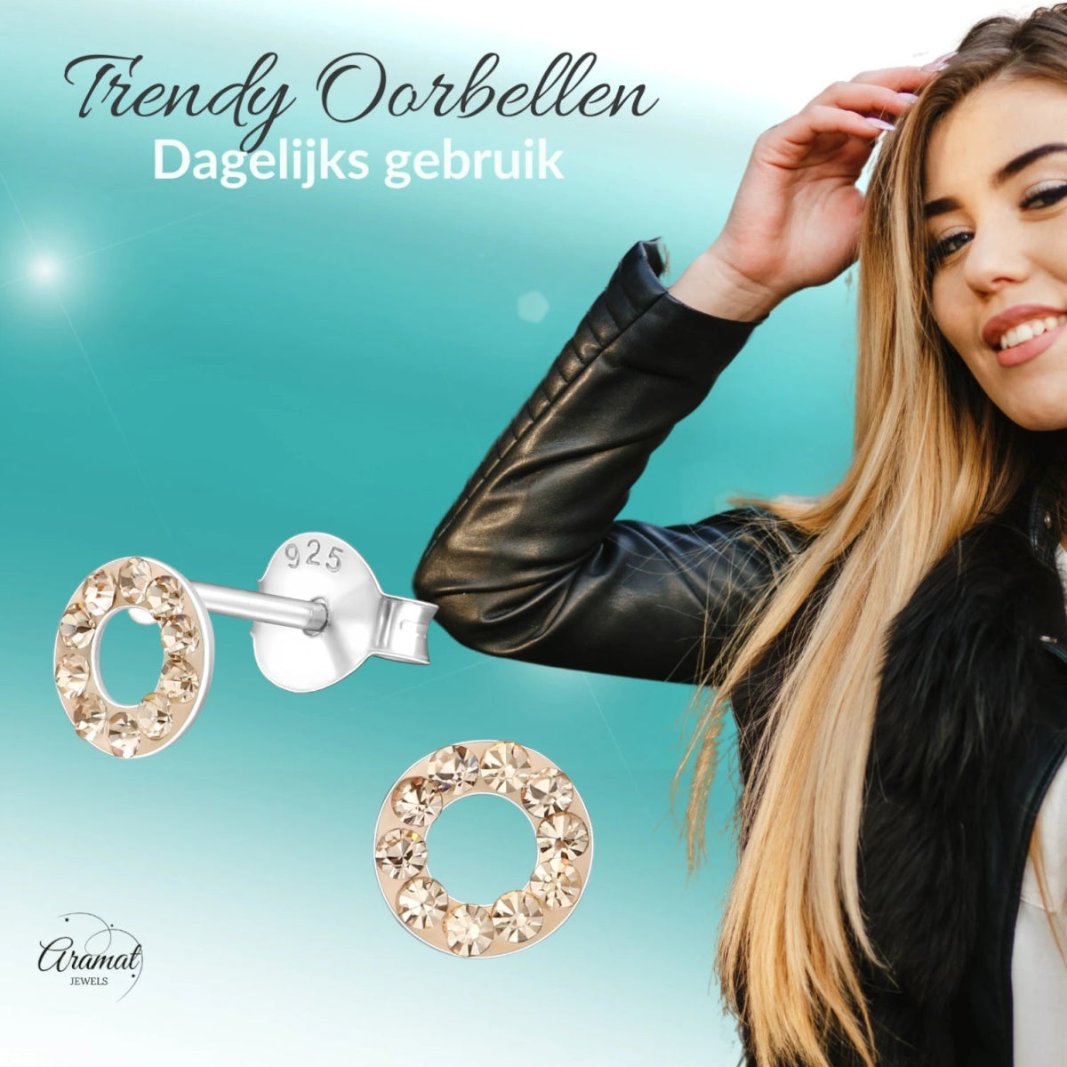 Zilveren open cirkel oorbellen champagne kristal -