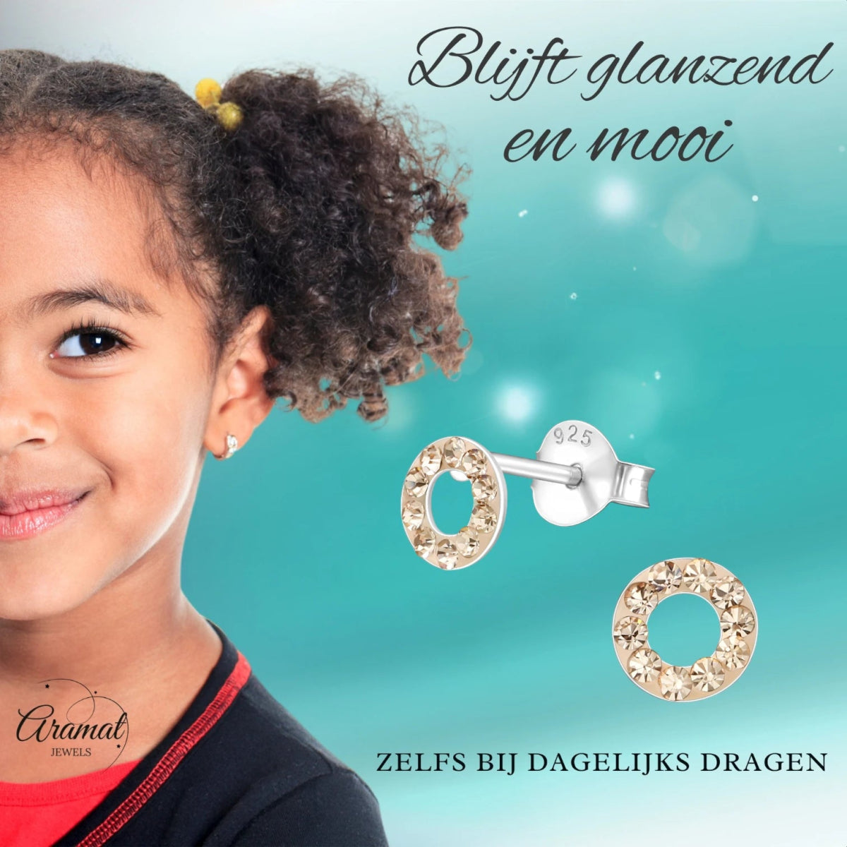 Zilveren open cirkel oorbellen champagne kristal -
