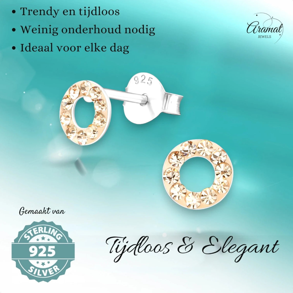 Zilveren open cirkel oorbellen champagne kristal -