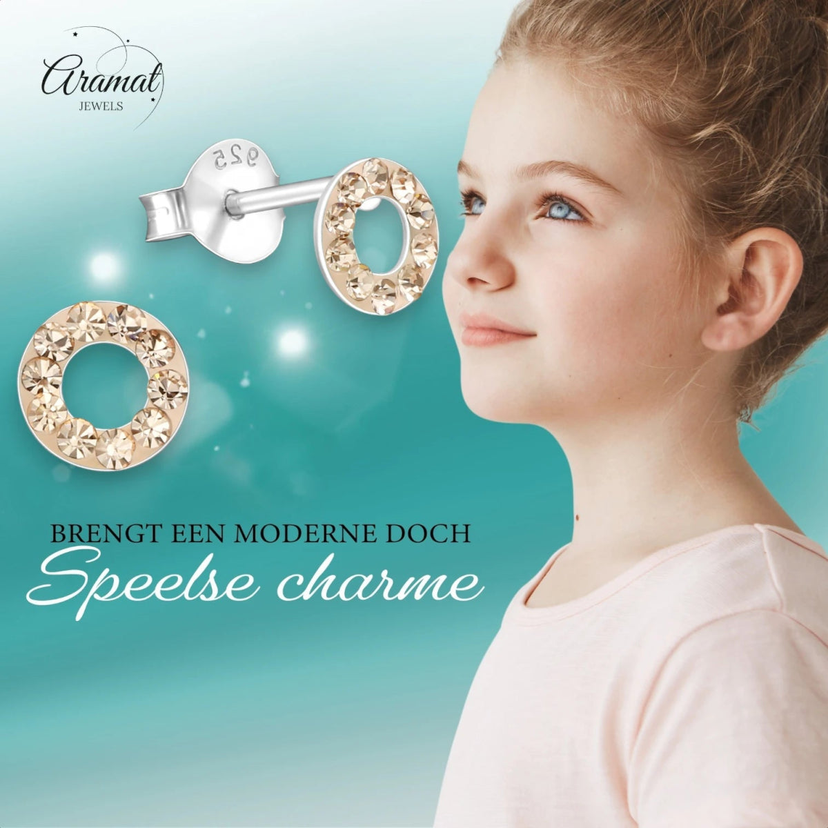 Zilveren open cirkel oorbellen champagne kristal -