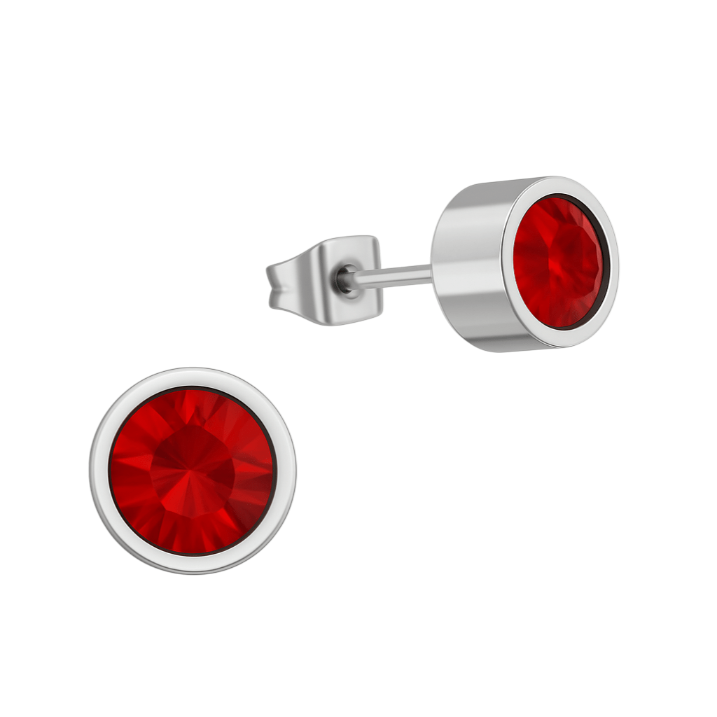Rode kristal oorstekers &acirc;&euro;&ldquo; 5mm zilverkleur RVS -