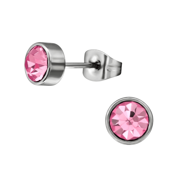 Roze kristal oorstekers &acirc;&euro;&ldquo; 5mm zilver RVS -