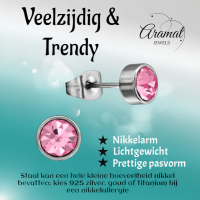 Roze kristal oorstekers &acirc;&euro;&ldquo; 5mm zilver RVS -