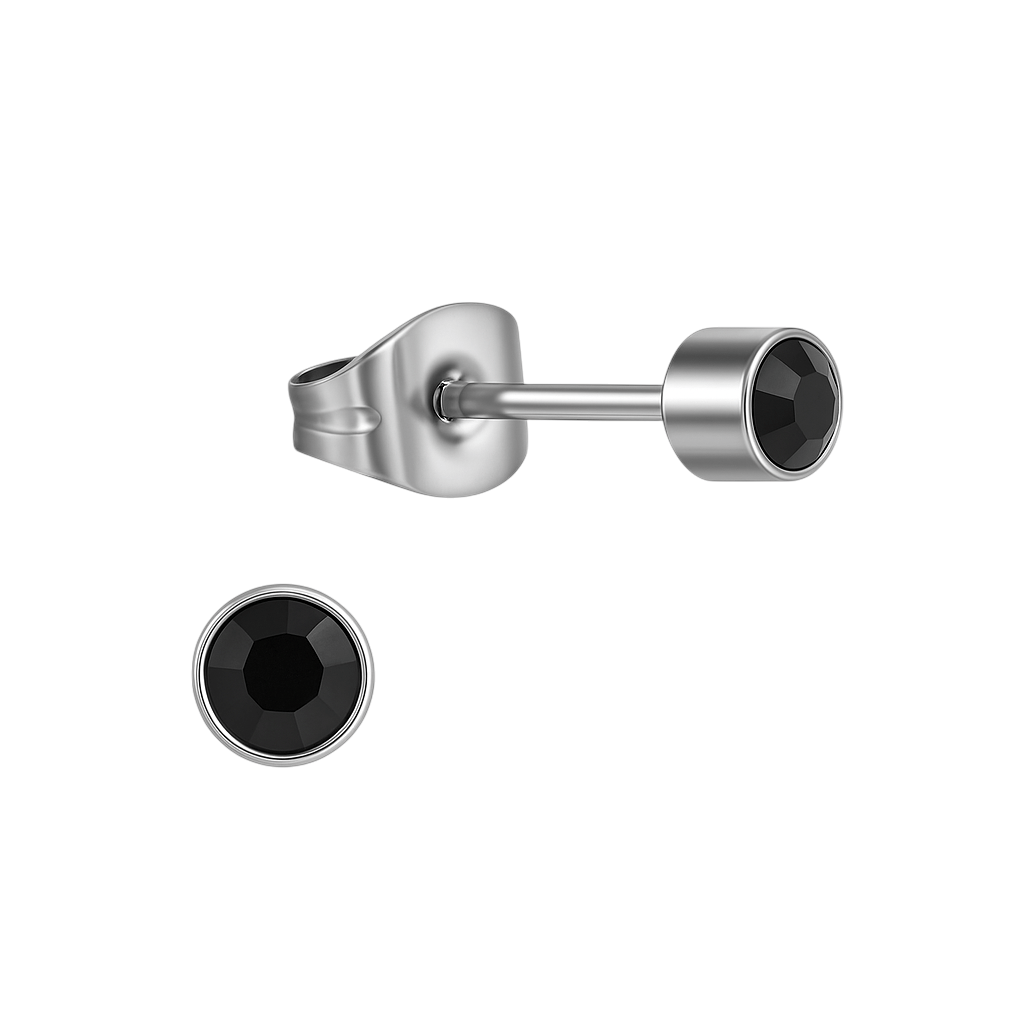 Zwarte kristal oorstekers &acirc;&euro;&ldquo; 4mm zilver RVS -